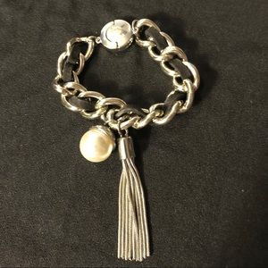 Chico’s chain, leather, faux pearl tassel bracelet